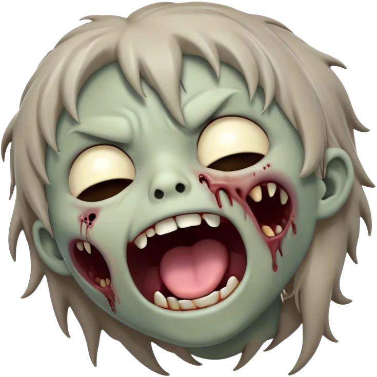 Cinematic Cute Yawning Zombie Portrait Emoji, with a delightfully quirky, slightly disheveled face in muted ashen tones, head tilted back in a big, funny yawn that reveals quirky stitches and playful gaps, simplified yet irresistibly charming, highly detailed with a soft, eerie glowing outline capturing the sleepy, offbeat vibe of a zombie taking a nap! emoji