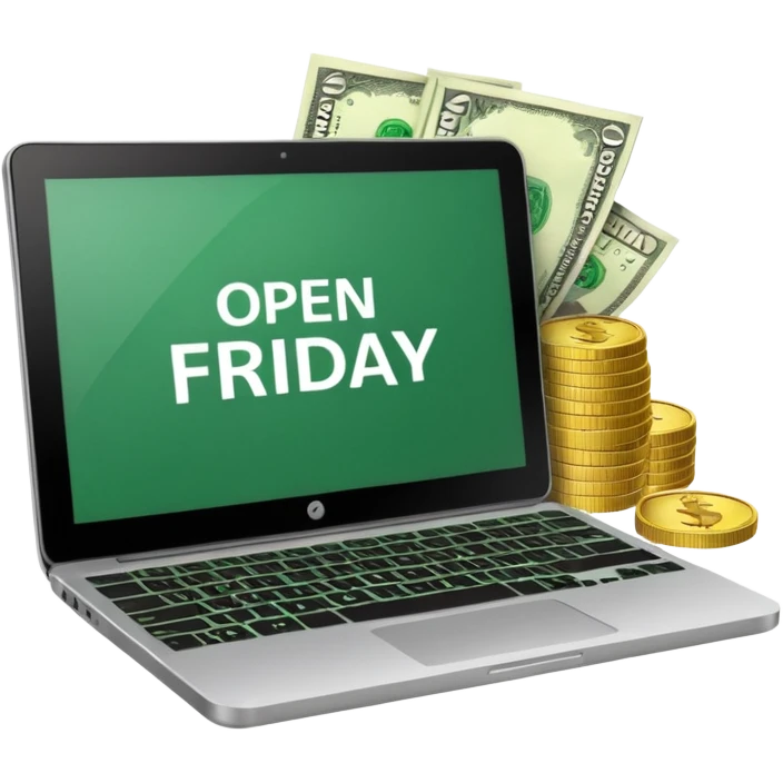 green laptop with black friday deals with coins and money tab open on it with Black Friday wrote emoji