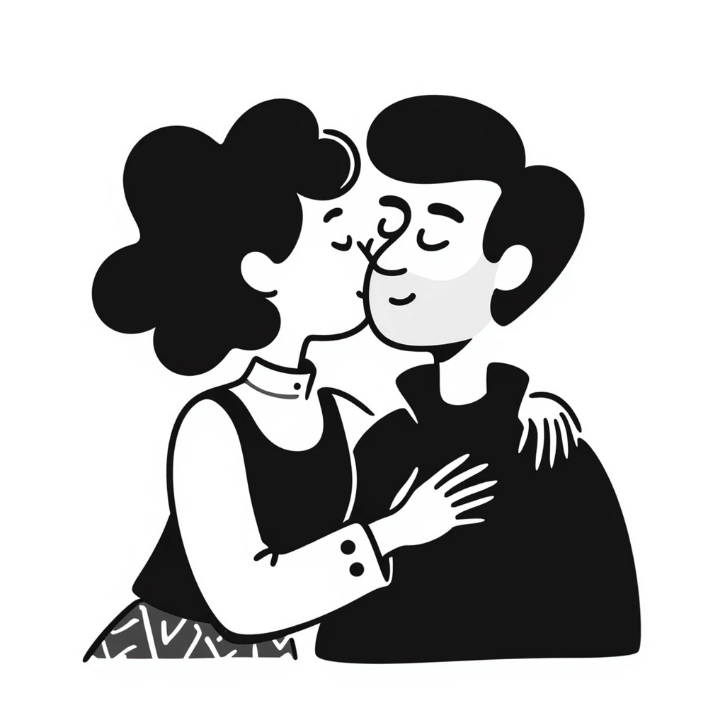 Curly haired woman with curly hair kissing a man with straight hair and a beard, cute couple emoji