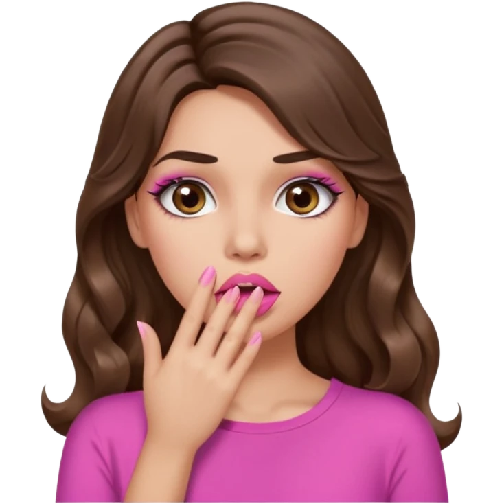 girl with long wavy brown hair, brown eyes, long lashes makeup, sexy pink lips, light to medium complexion, pink sexy top, shocked, hand covering mouth emoji