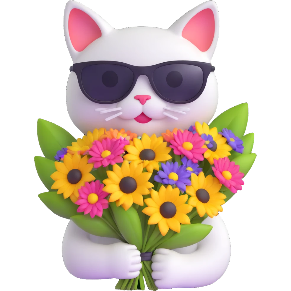 cat wearing sunglasses holding a bouquet of flowers emoji