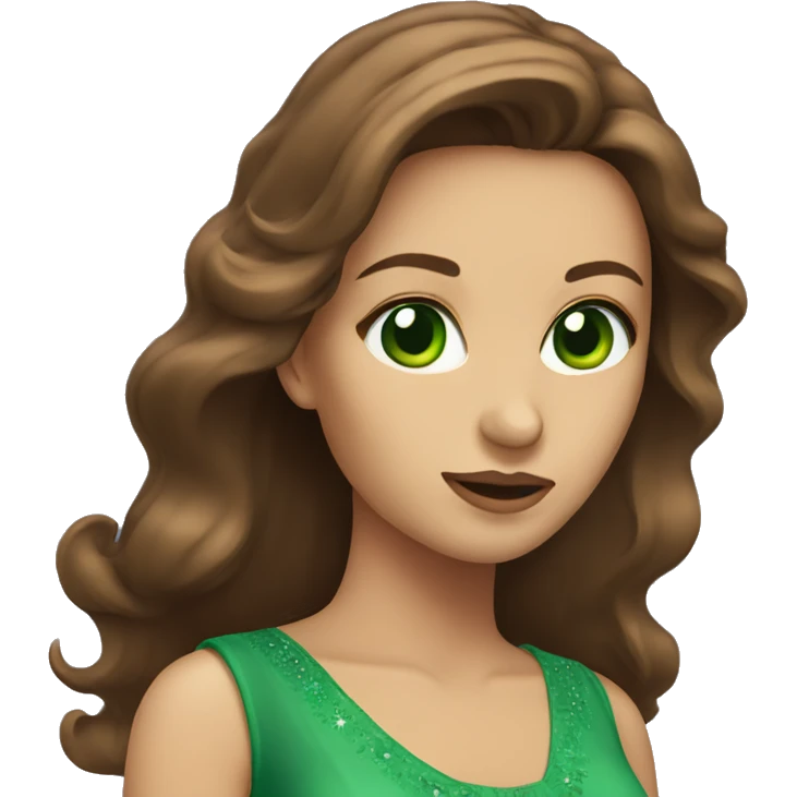 Woman with green eyes and long brown hair dresses in dress emoji
