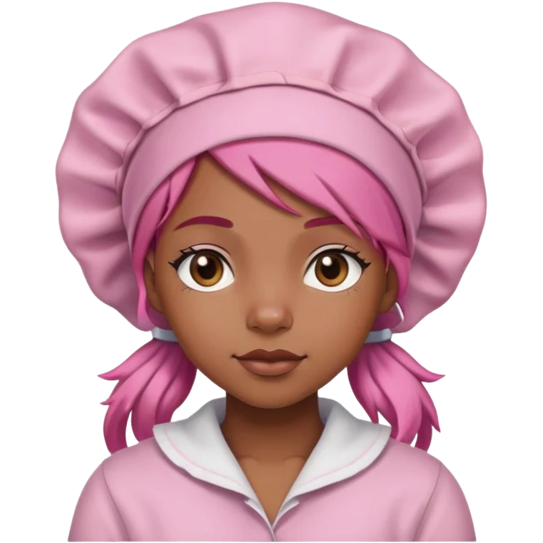 Black girl with a pink hair Bonnet on and a smug look on her face emoji