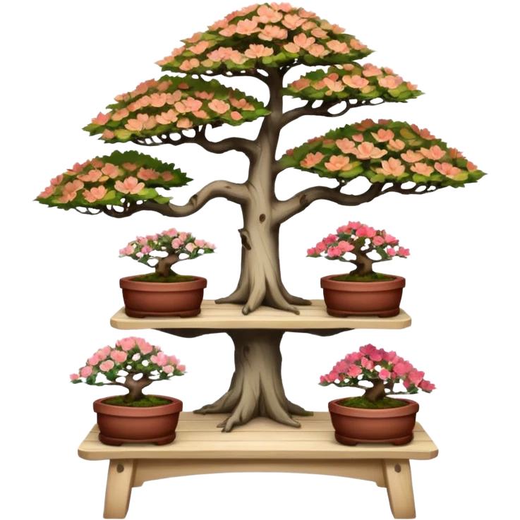 Wide Three tiered bonsai stand, shelving nine maple specimens and several smaller azaleas, frame made of oaken palette wood  emoji
