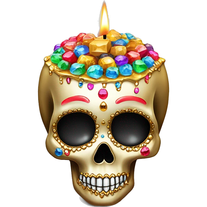 Realistic sugar skull decorated with colorful rhinestones with metallic gold candle on top of its head dripping down melted metallic gold wax down the skull emoji