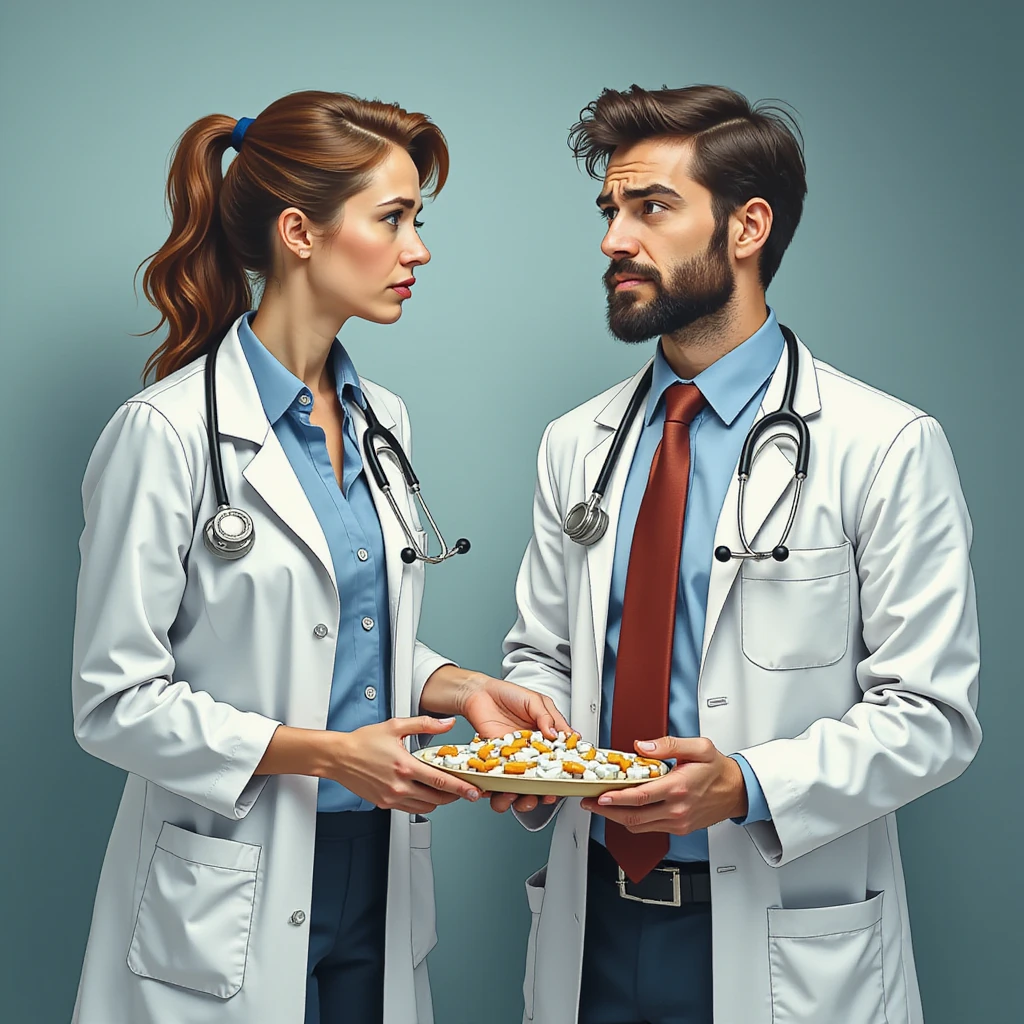 realistic illustration of a doctor in a white coat delivering medicine to a worried patient, the doctor shows indifference, clinical background, atmosphere suggesting superficiality emoji