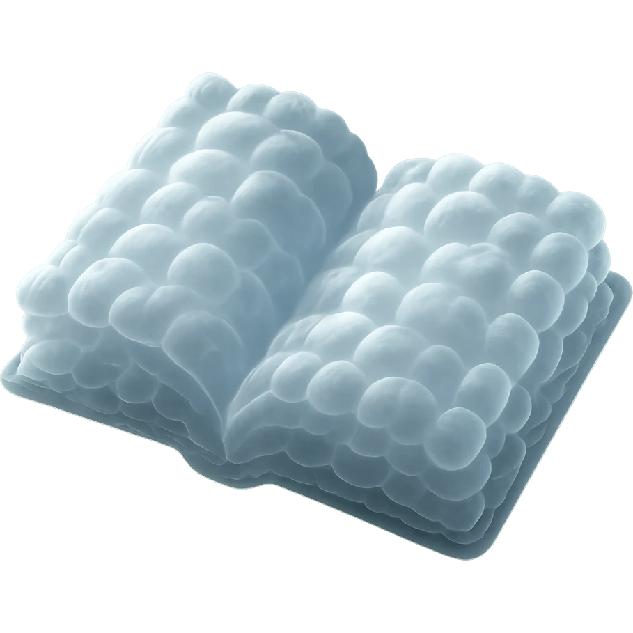top view of a thick open book made entirely of small, very bright white fluffy convex clouds, matte glass style emoji