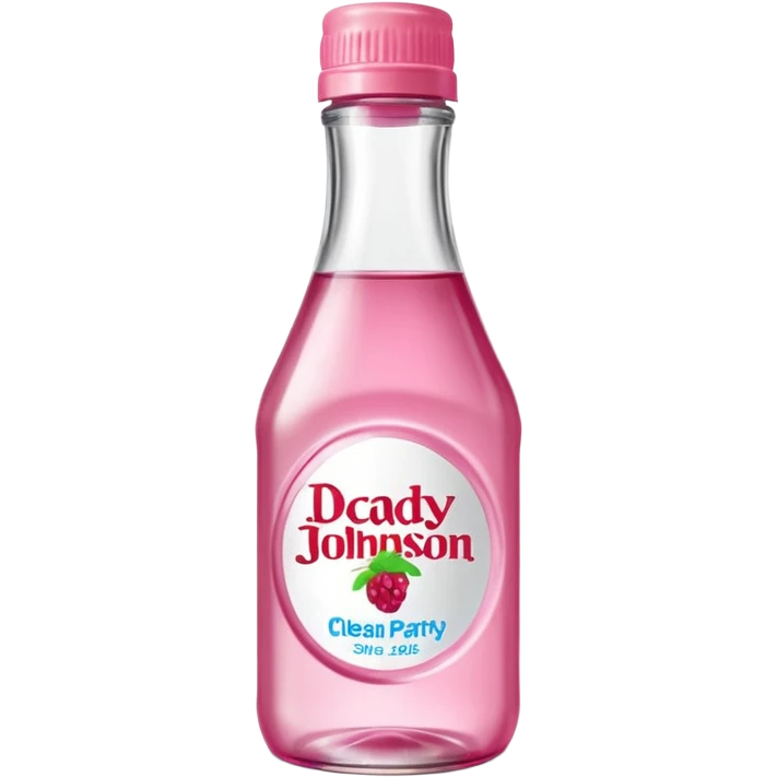 realistic Johnson and Johnson style bottle pink cap pink label clear bottle with berry party written on the logo with diddy logo bottle leaking oil from the top emoji
