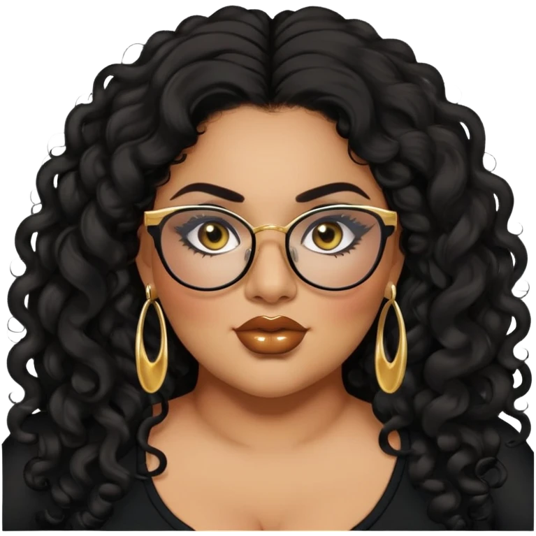 big plus size, latina, darker tan skin, gold earring, long black curly hair, baddie,pretty, makeup, lipgloss, black eyeliner, long hair, black top, black glasses emoji