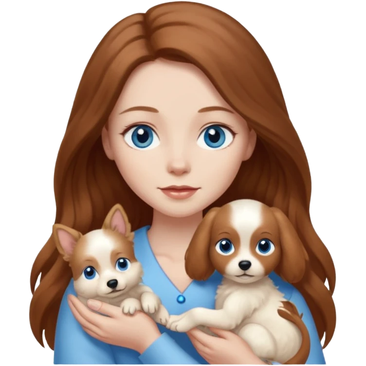 long hair chestnut color blue eyes woman holding small ivory dog emoji