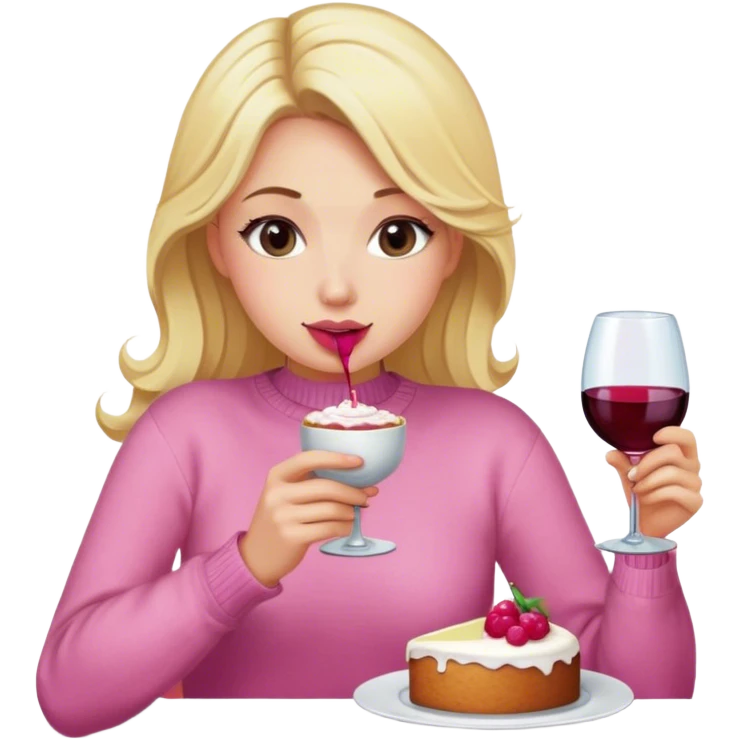 Blonde woman pink sweater drinking wine and eating cake emoji