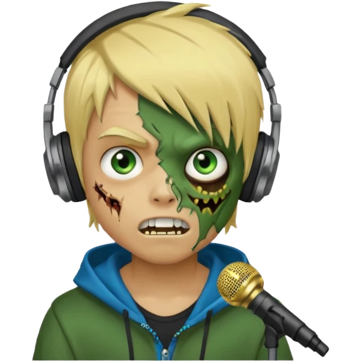 boy zombie whit blonde emo hair and eyes blue and GREEN SKIN and heandphones AND A MICROFONE AND GOLD TEETH and agesive face and the hoodie black emoji
