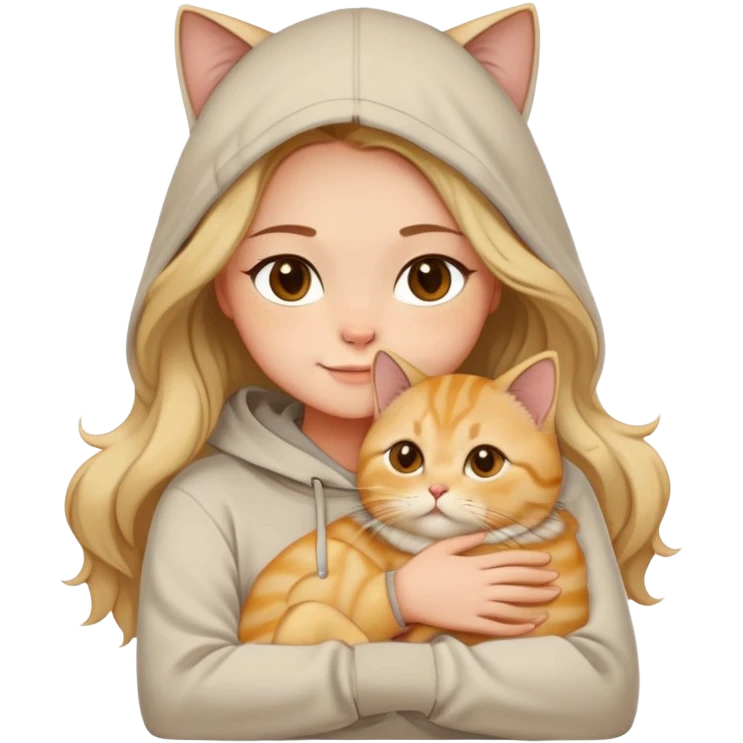 	A girl with long wavy hair (brown base with platinum blonde highlights), wearing a light beige hoodie, hugging a golden shaded British Shorthair cat (golden chinchilla, BY23). White background, soft smile, big brown eyes. Clean and simple Apple emoji style. emoji