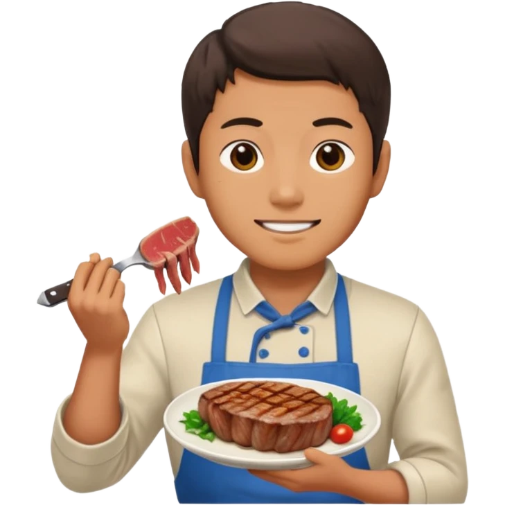 Japanese man holds in hands steak preparing to eat with lovely sight emoji
