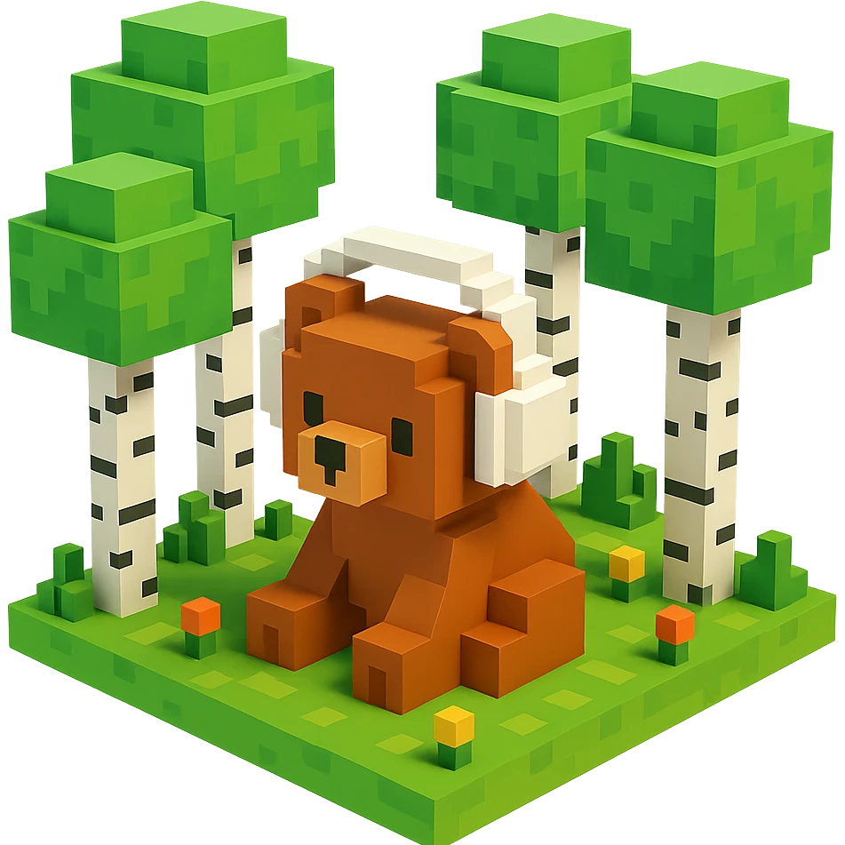 березовый лес, в котором сидит бурый медвежонок в белых наушниках (наушники должны закрывать уши медведя), no background  emoji