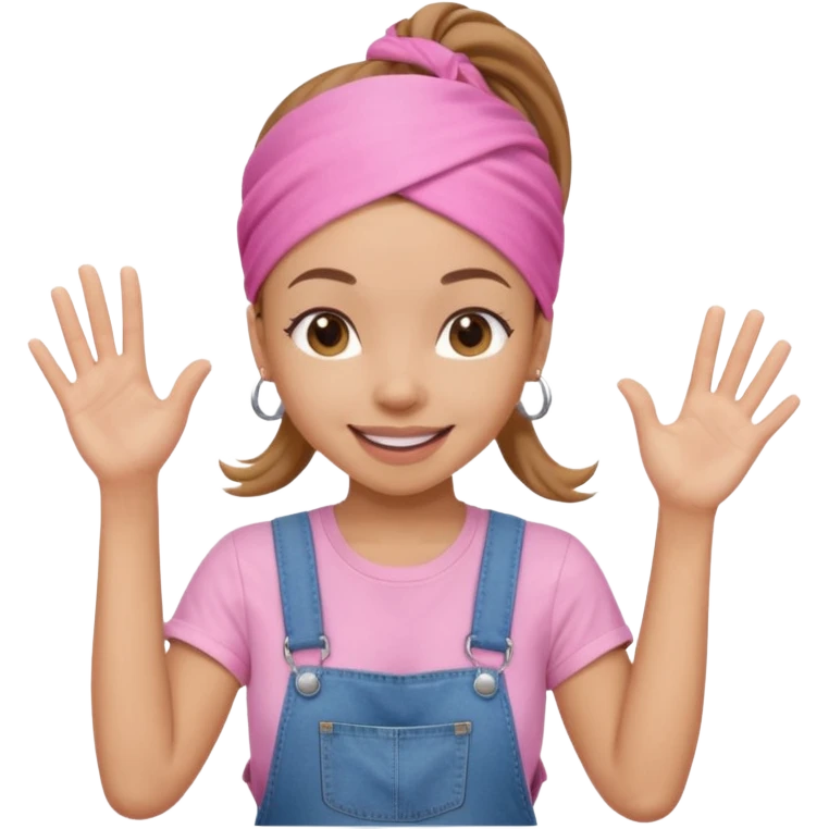 Light skin woman with brown ponytail and light pink head bandana. pink t-shirt with denim overalls. Expression is friendly with big smile and waving hello emoji