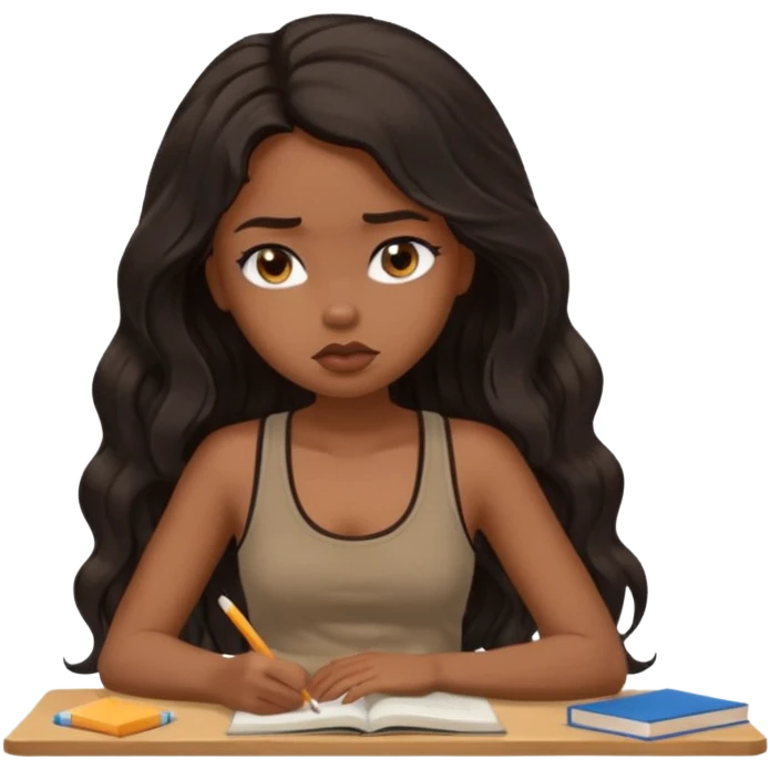 a pretty bratz light dusky girl with long wavy black hair in a brown tank top studying and lookinh tired emoji