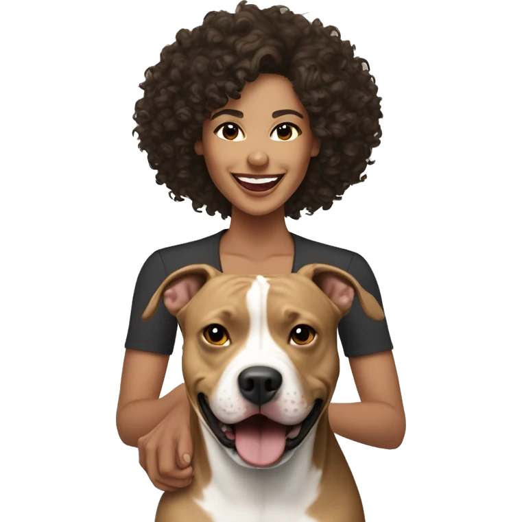 light skin woman with curly black hair expressing joy alongide a brown and white pitbull emoji