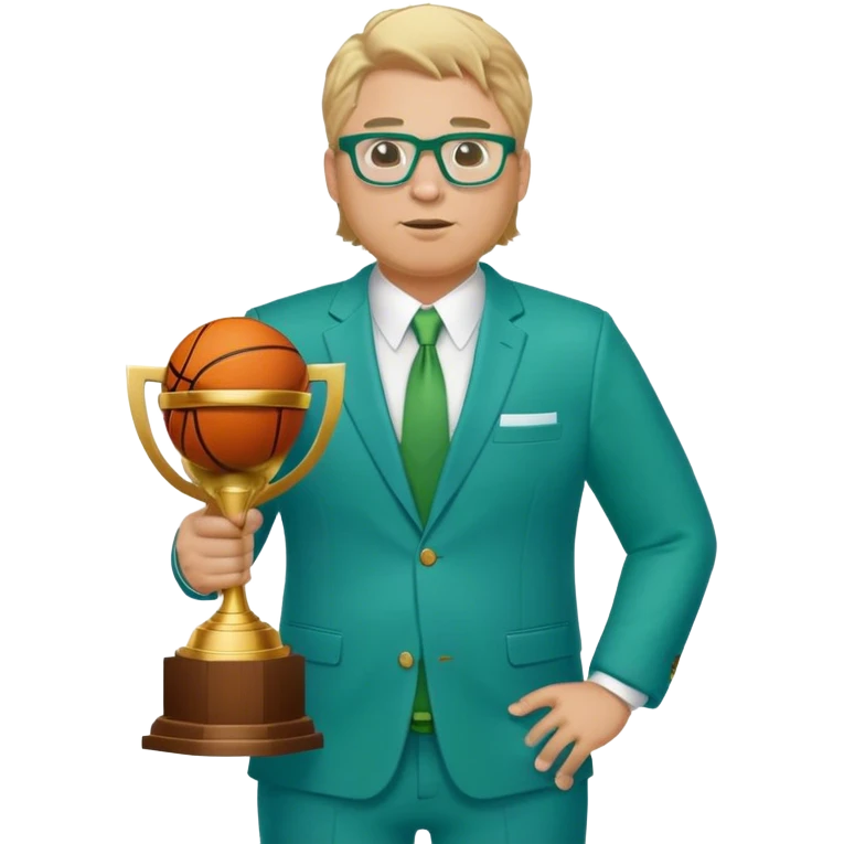 full body plus size male basketball coach with sandy blonde hair and glassed wearing blue and green suit holding a trophy emoji