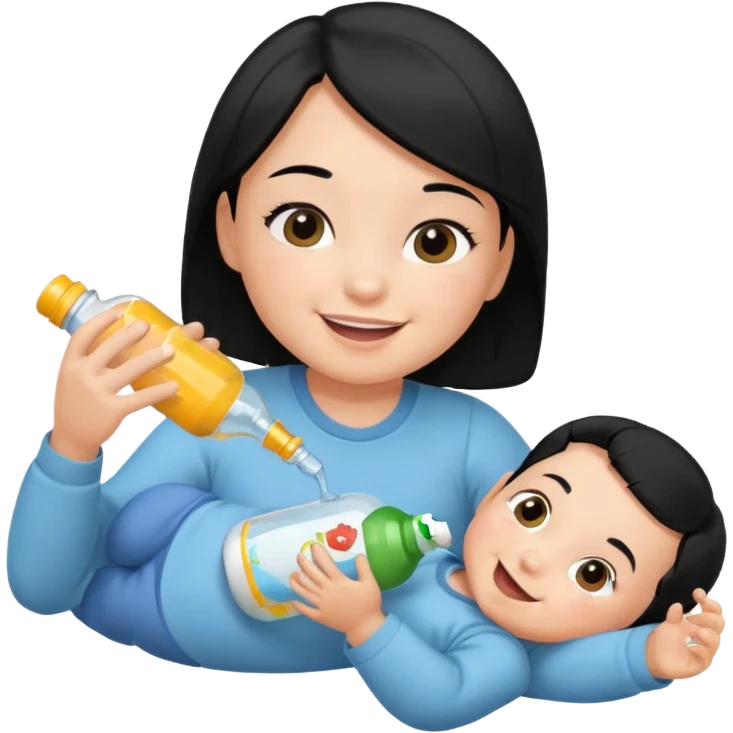 A baby with black hair holding a bottle while laying down emoji