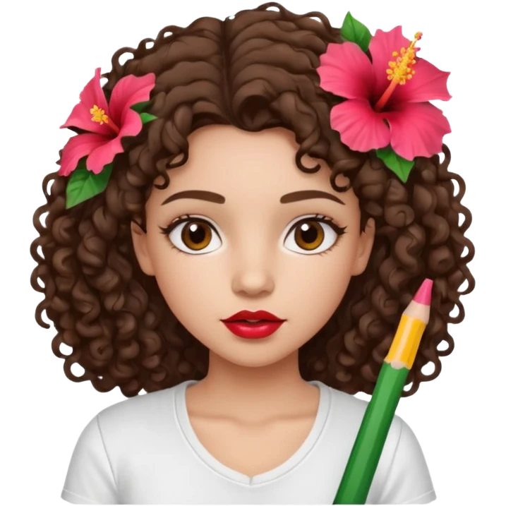 A brunette girl turned to the left side with curly hair with a hibiscus on her hair on her lips she has a brown pencil outline with gloss over it with a white t-shirt  emoji