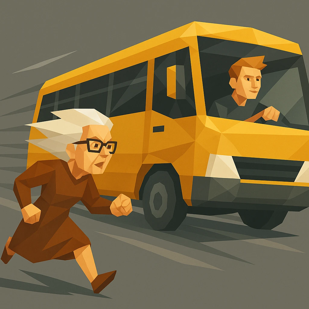 old lady should run to reach the bus, the driver is man under 30 with orange hair emoji