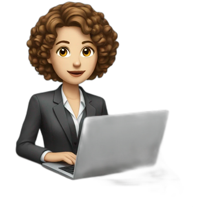 White woman with long curly brown hair, wearing a classic suit, working on a laptop emoji