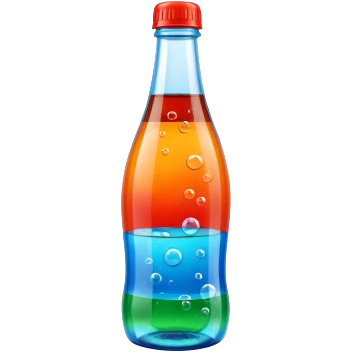 plastic soda bottle, transparent or tinted, filled with cola or orange soda, curved shape, narrow neck, plastic cap (red, blue, or green), bubbles inside, fizzy look, 3D clean style, no branding emoji