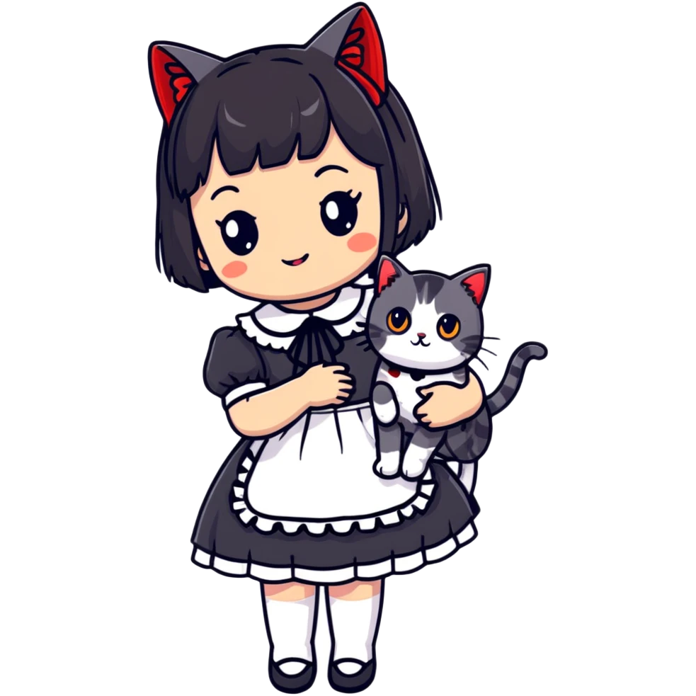 girl wearing black Lolita style dress, with medium-length black hair with red tips, and an American Shorthair tabby cat emoji