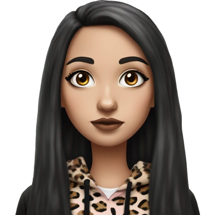Hyperrealistic white girl with long black hair with a pink fringe and has eye makeup on, she is wearing a black and leopard print hoodie  emoji