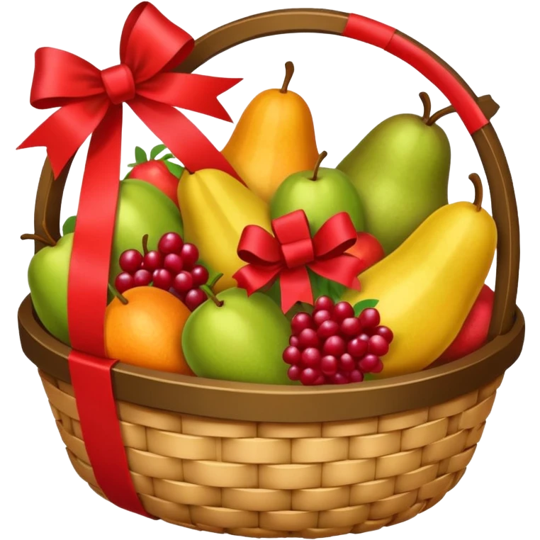 A luxury basket with wrapped fruits and ribbon bow.








































 emoji