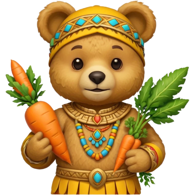 teddy bear, wearing yelloư mayan ancient custome, with carrot half body emoji