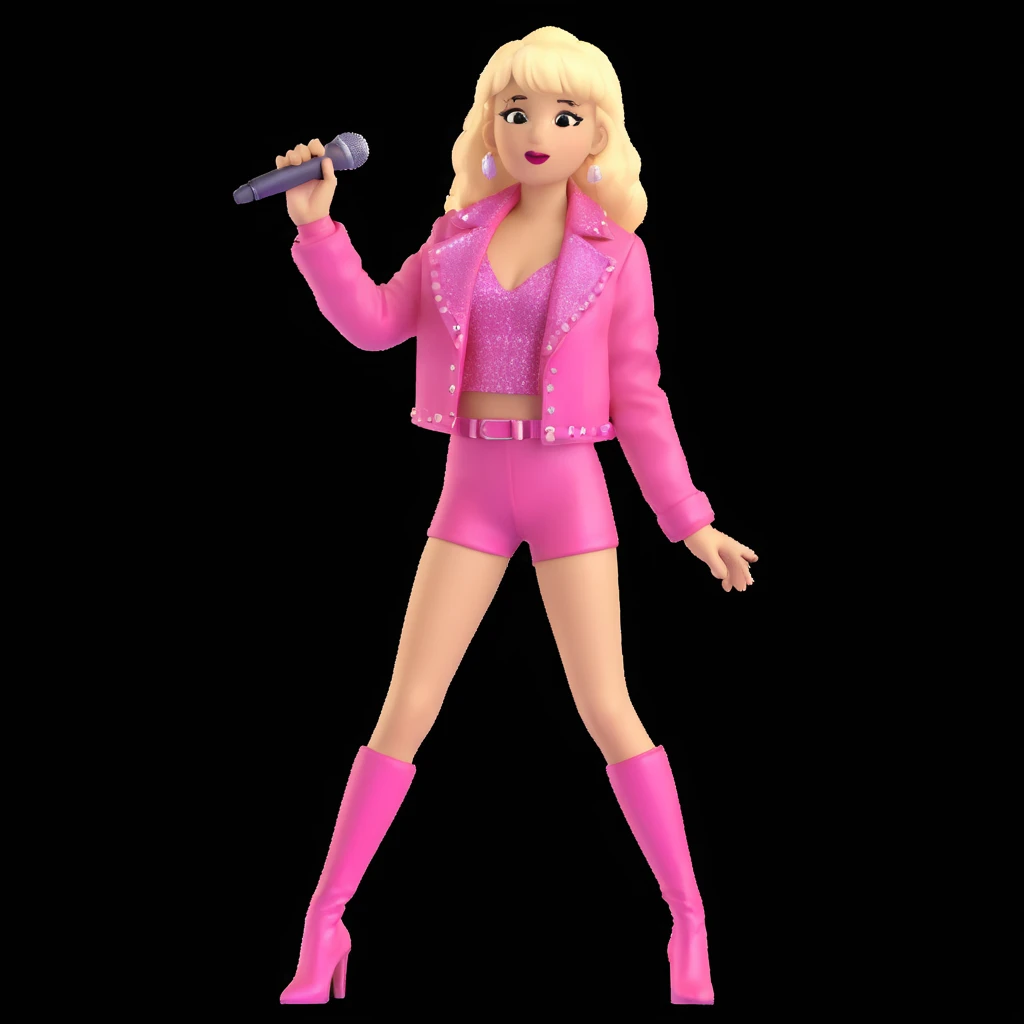 Pretty and thin tall Blonde pop star with bangs singing onstage, wearing a sparkly pink outfit   emoji