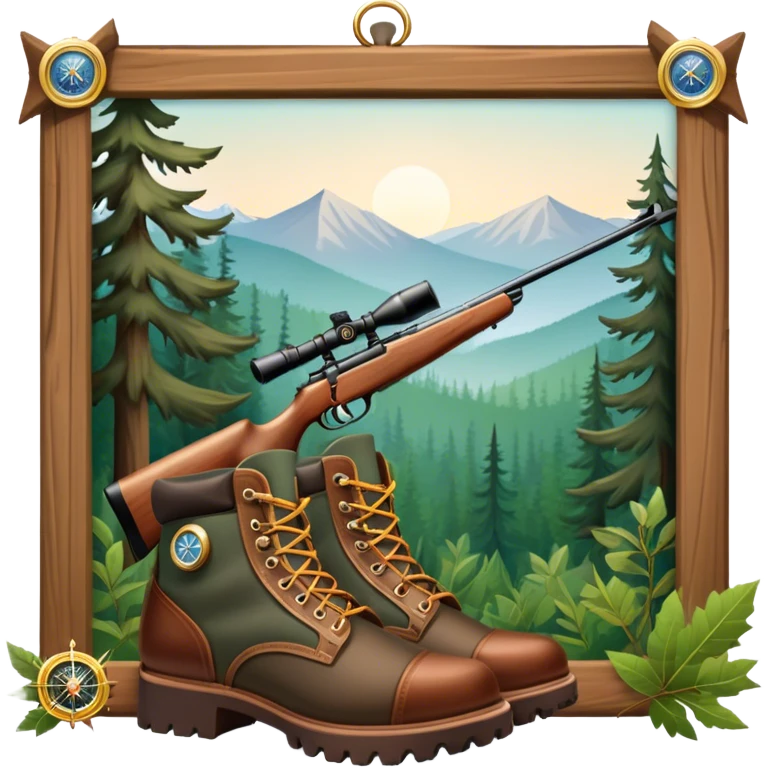 Icon for Hunting Tourism: a rifle, hunting boots, double-barrelled hunting rifle and a compass on a forest background, with a silhouette of wildlife in the distance. The icon should capture the adventure and connection with nature in hunting tourism. Transparent background. emoji