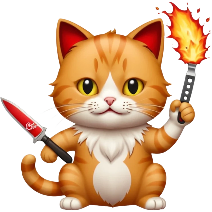 Make a picture of a Coca-Cola cat, exploding with a knife on top of it emoji
