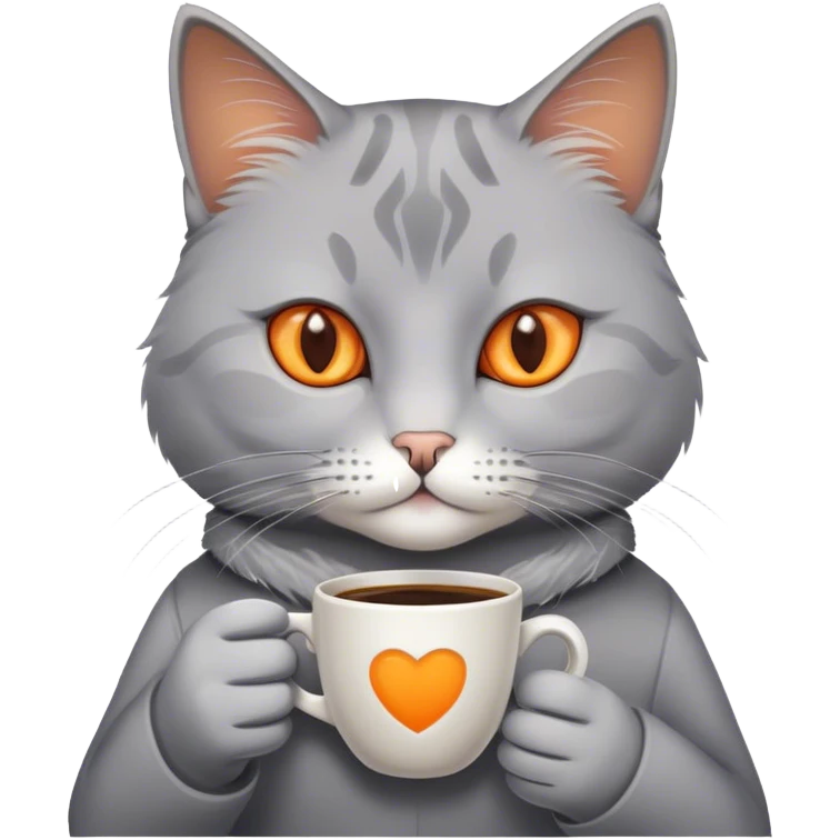 grey cat with orange eyes holding a coffee  emoji