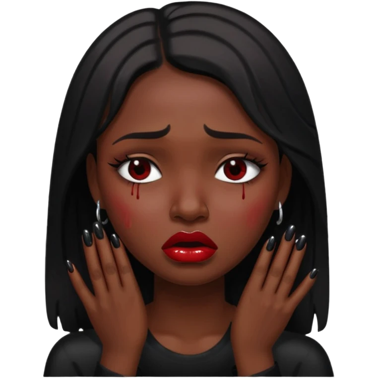 dark skin girl, dark red lipstick, nails very beautiful crying emoji