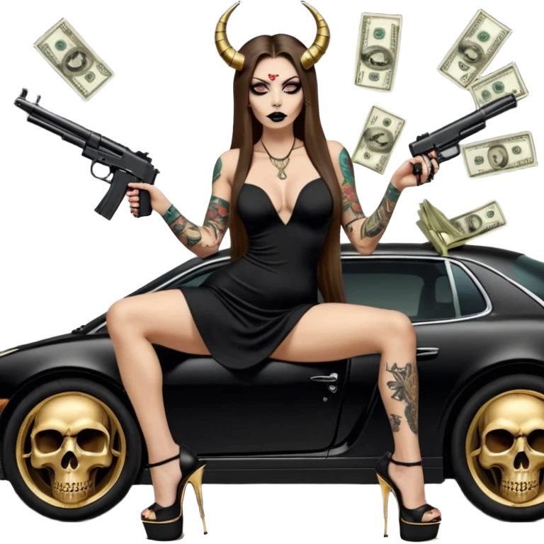Sensual woman long brown straight haired sexy drug lord woman with tattoos on arm sleeves and black thick butt platform high heels on her feet, and devil black horns on her head, she is holding a skull head and a gun. Sitting on gold car full of cash , long black dress with sexy slit emoji