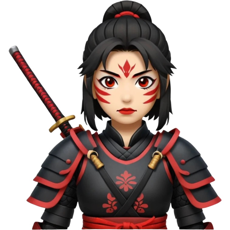 A female samurai with strong posture, black armor plates, and fierce determination. With red war paint markings  emoji