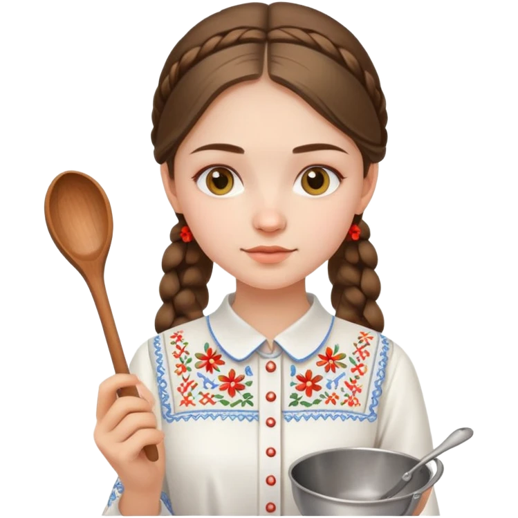 Ukrainian young girl in a white embroidered traditional shirt holding cooking tools like spoon and ladle emoji