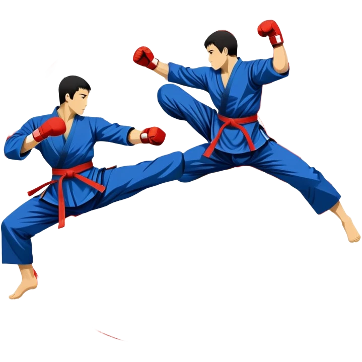 An emblem-style design featuring crossed martial arts weapons like a fist and foot, symbolizing striking combat sports. The background includes a silhouette of a fighter in an action pose, with dynamic lines and bold colors, showcasing speed and power. Transparent background. emoji