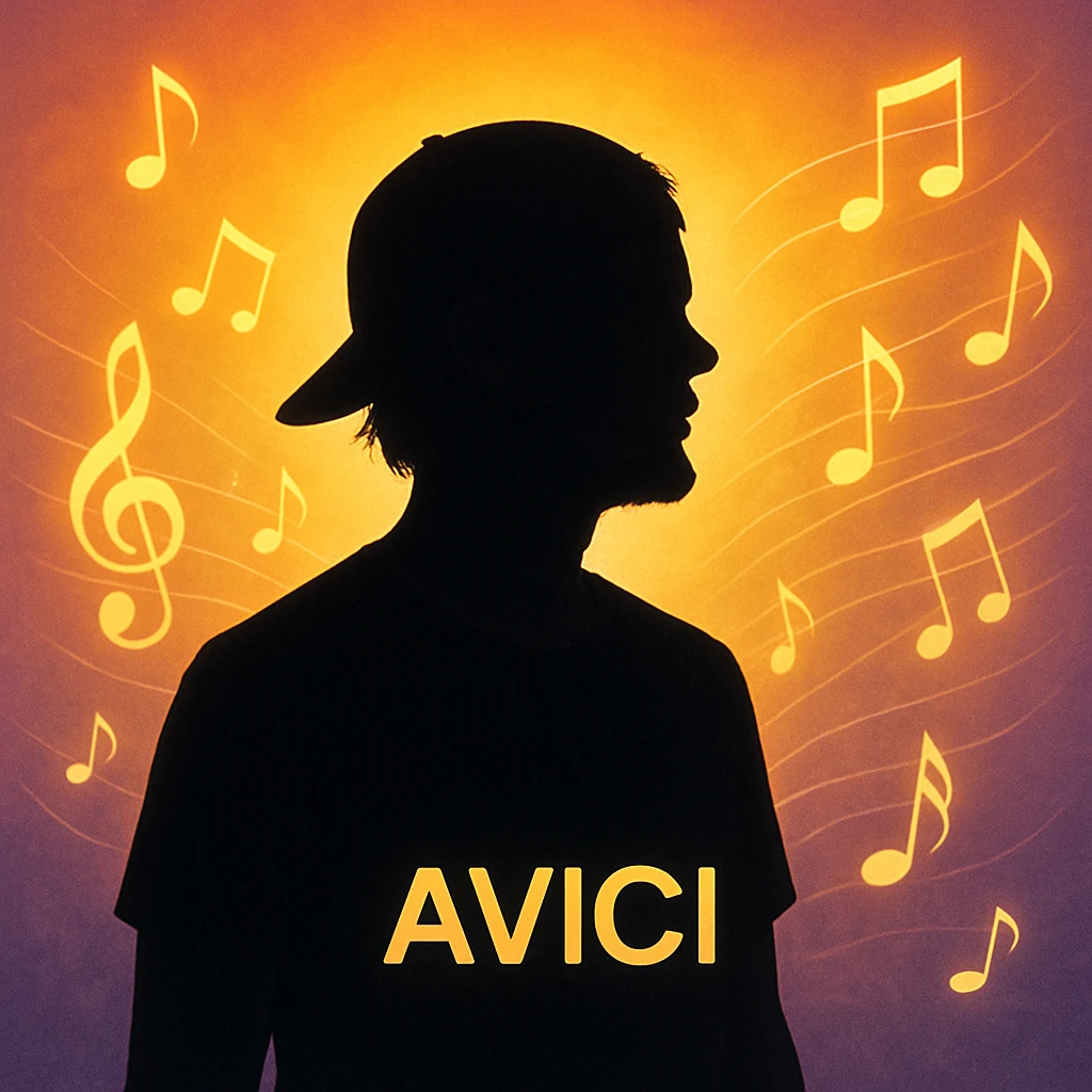 silhouette of Avicii age 36 with musical notes, uplifting and inspirational mood emoji