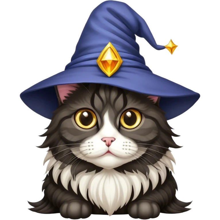 a black chubby maine coon cat with big eyes and a wizzard hat emoji