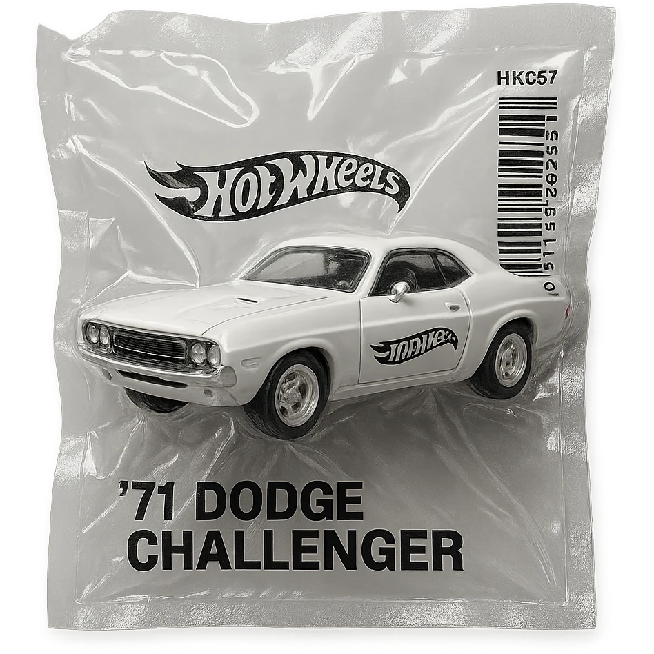 white 1971 Dodge Challenger Hot Wheels toy car, glossy and puffy, inspired by the movie 'Death Proof' emoji