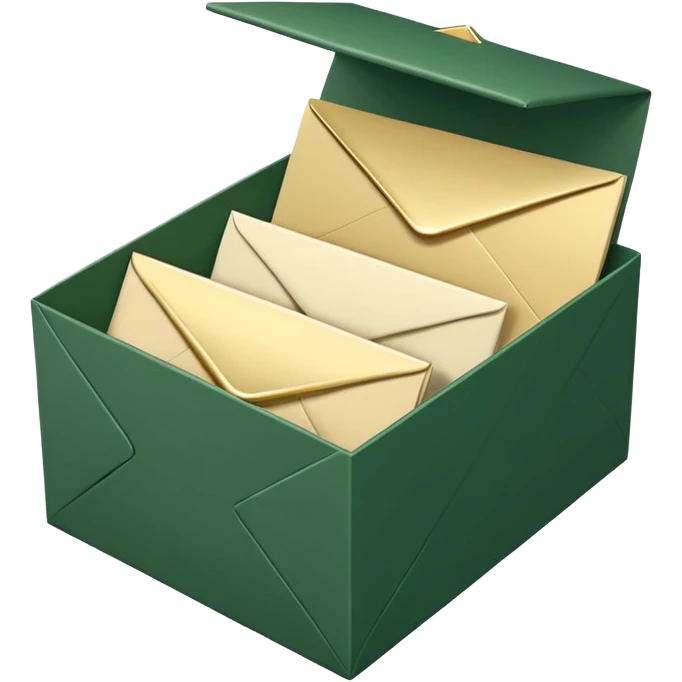 3D minimal open box with multiple envelopes floating out of it, matte finish, deep green (#0B3D2C) box, cream white (#F5F5DC) envelopes, subtle gold (#C9B037) accents, Apple style, ultra sleek, soft shadow, transparent background emoji