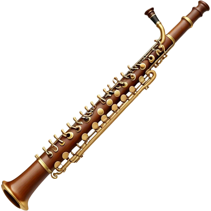 Create a detailed and elegant emoji representing an oboe. The design should feature the slender, cylindrical body of the oboe, with intricate keywork visible along its length. The top should showcase the small, delicate reed typical of the instrument. Use rich wooden tones, with accents of silver or brass on the keys to reflect the high-quality craftsmanship of the oboe. Add subtle musical notes surrounding the instrument to symbolize its expressive, melodic sound. The background should be transparent. emoji