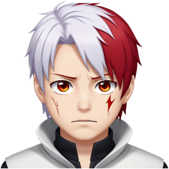 Shoto Todoroki face only, left side white hair, right side red hair, heterochromatic eyes, burn scar on left side of face, serious expression emoji