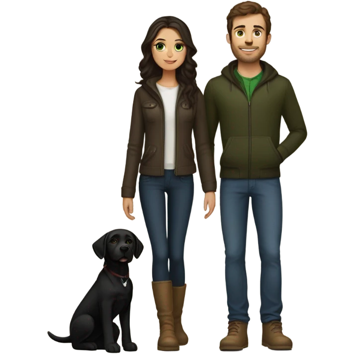 Spanish slim body brunette girl wearing Uggs next to a French guy brown hair, green eyes wearing hype outfit, chiseled jaw and with a black labrador pup  emoji