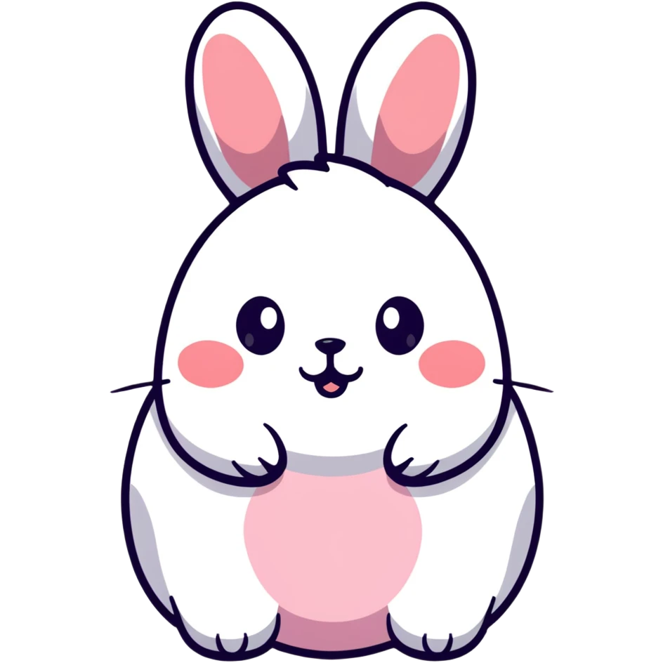 A chubby bunny in perfect Sanrio style like Hello Kitty, ultra simplified design, huge round head, tiny eyes and mouth, no nose, pastel colors, soft round shapes, tiny spikes, adorable expression, clean bold black outline, kawaii emoji
