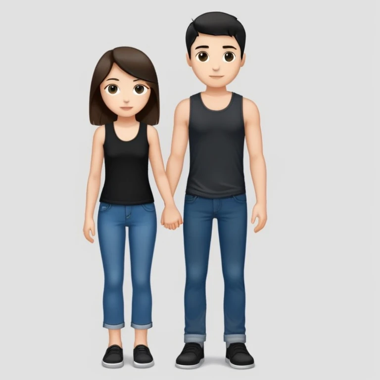 A girl with long brown hair holding the hand of a boy with short black hair, she wearing a black tank top with flared blue jeans, he wearing a black t-shirt with grey jeans, couple in love emoji